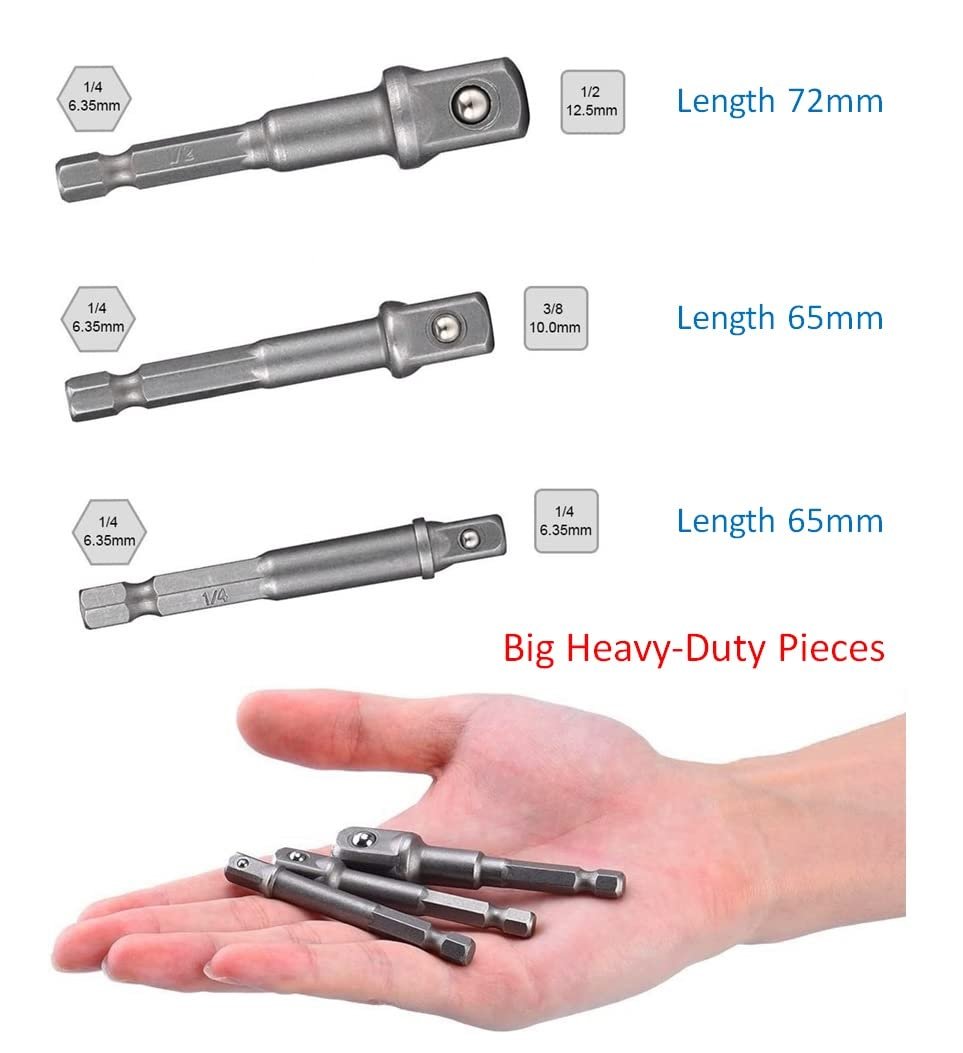 ATHGLOBAL Chrome Vanadium Steel Heavy Duty 3 Piece Set 1/4" 3/8" 1/2" Hex Shank Wrench Socket To Power Drill Adapter Bits Nut Driver Extension Bar Square Head For Automotive And Home Repair Tool Kits - Image 6
