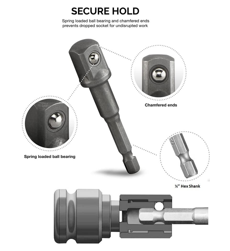 ATHGLOBAL Chrome Vanadium Steel Heavy Duty 3 Piece Set 1/4" 3/8" 1/2" Hex Shank Wrench Socket To Power Drill Adapter Bits Nut Driver Extension Bar Square Head For Automotive And Home Repair Tool Kits - Image 7