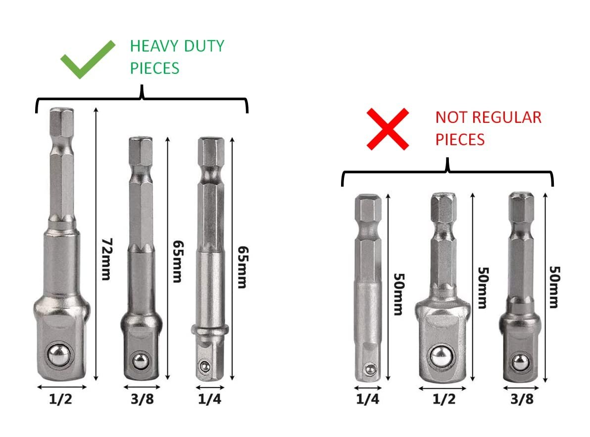 ATHGLOBAL Chrome Vanadium Steel Heavy Duty 3 Piece Set 1/4" 3/8" 1/2" Hex Shank Wrench Socket To Power Drill Adapter Bits Nut Driver Extension Bar Square Head For Automotive And Home Repair Tool Kits - Image 2