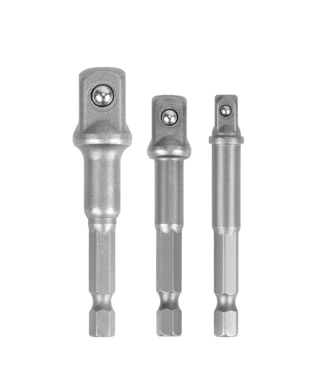 ATHGLOBAL Chrome Vanadium Steel Heavy Duty 3 Piece Set 1/4" 3/8" 1/2" Hex Shank Wrench Socket To Power Drill Adapter Bits Nut Driver Extension Bar Square Head For Automotive And Home Repair Tool Kits