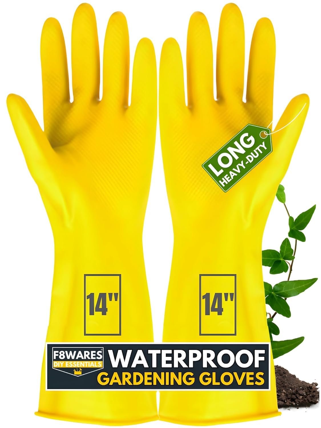 F8WARES 14 Inch Long & Thick Rubber Heavy Duty Gardening Gloves - Waterproof Hand Gloves for Garden Work - Handling Accessories Tools & Equipments for Home Garden,Dairy Farming, Beekeeping & Kitchen