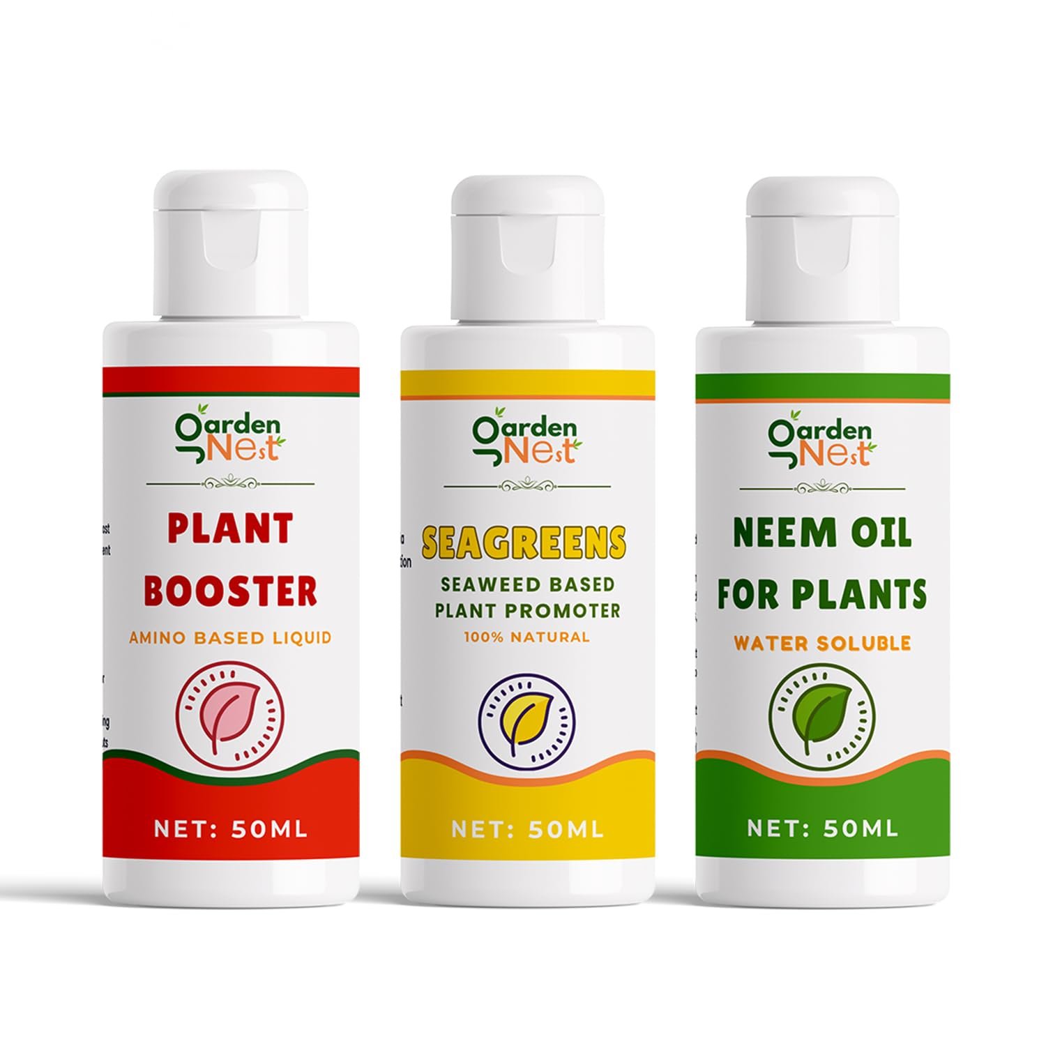 GARDENNEST 3-in-1 Organic Plant Care Combo | Plant Booster, Seagreen & Neem Oil (50ml Each) | Growth Enhancer, Soil Enricher & Natural Pest Repellent | 100% Eco-Friendly & Safe for All Plants