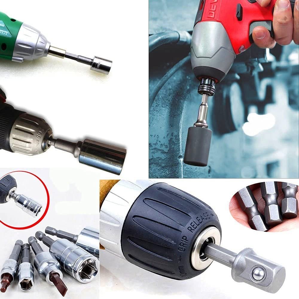 ATHGLOBAL Chrome Vanadium Steel Heavy Duty 3 Piece Set 1/4" 3/8" 1/2" Hex Shank Wrench Socket To Power Drill Adapter Bits Nut Driver Extension Bar Square Head For Automotive And Home Repair Tool Kits - Image 5