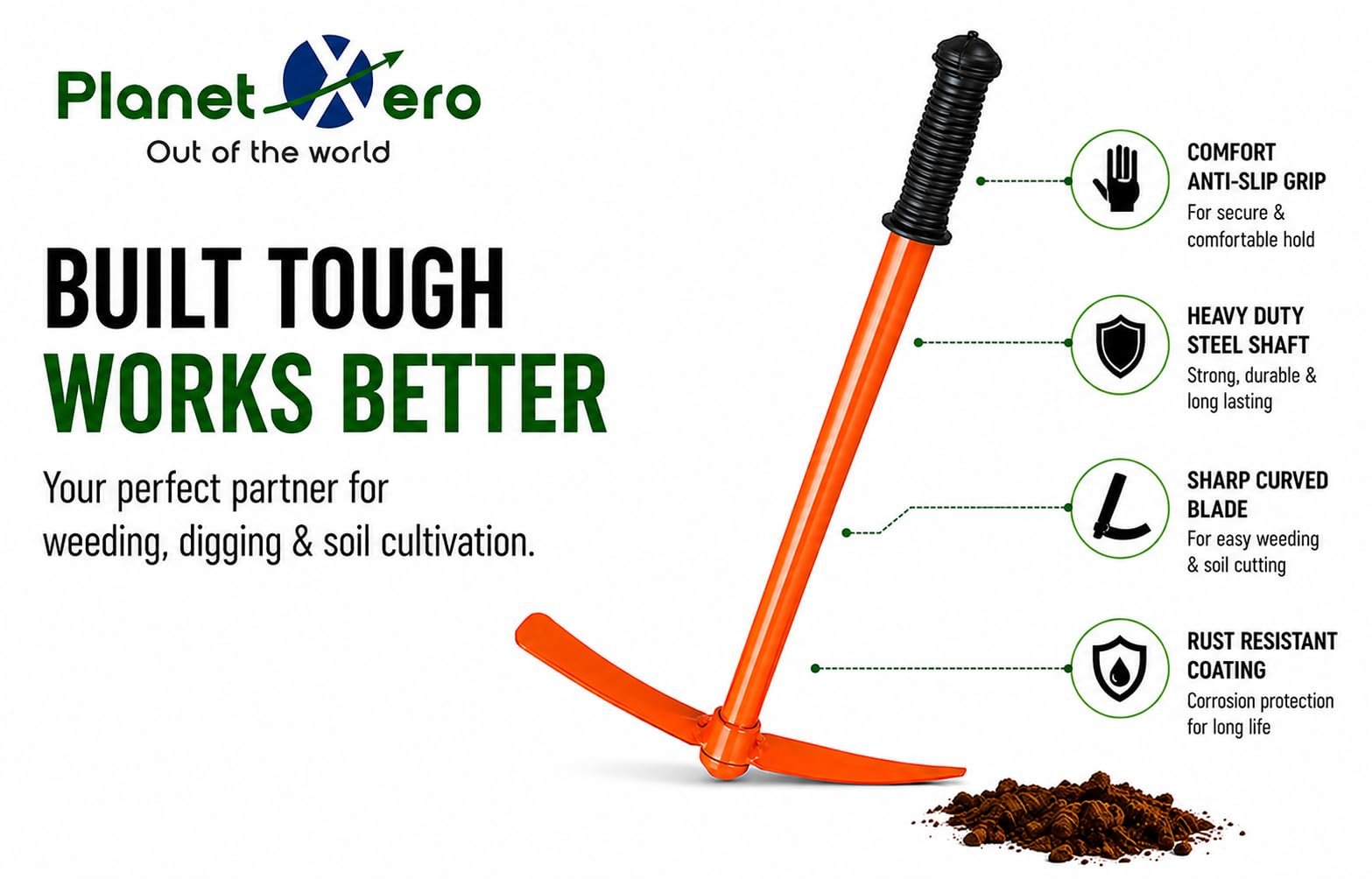 PLANETXERO Garden Tiller 16-inch|Heavy Duty Tool for Gardening & Farming|Durable Hand Cultivator for Loosening Soil, Removing Weeds & Soil Preparation Equipment for Home Gardens(GTK) - Image 2