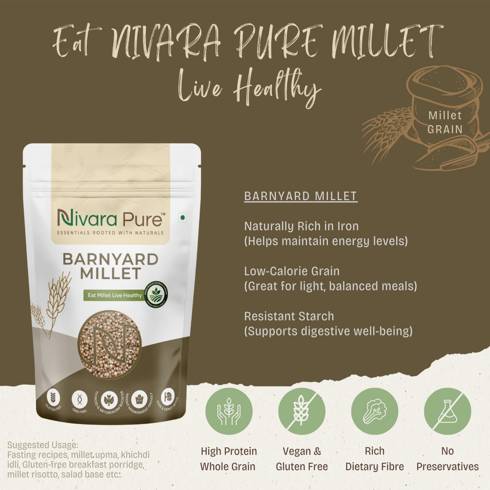 NIVARA PURE Barnyard Millet 500g | Unpolished Whole Grain | Naturally Gluten Free | High Fiber | No Added Sugar | Vegan Food - Image 4