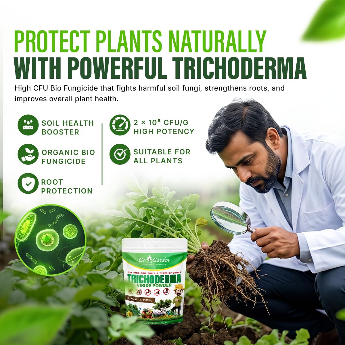 Go Garden Tricoderma Bio Fungicide for Plants 900 g | High CFU Formula (2 x 10⁸ CFU/g) | Controls Root Rot, Wilt & Soil Fungus | Boosts Soil Microbes & Plant Immunity | Organic Plant Protector - Image 3