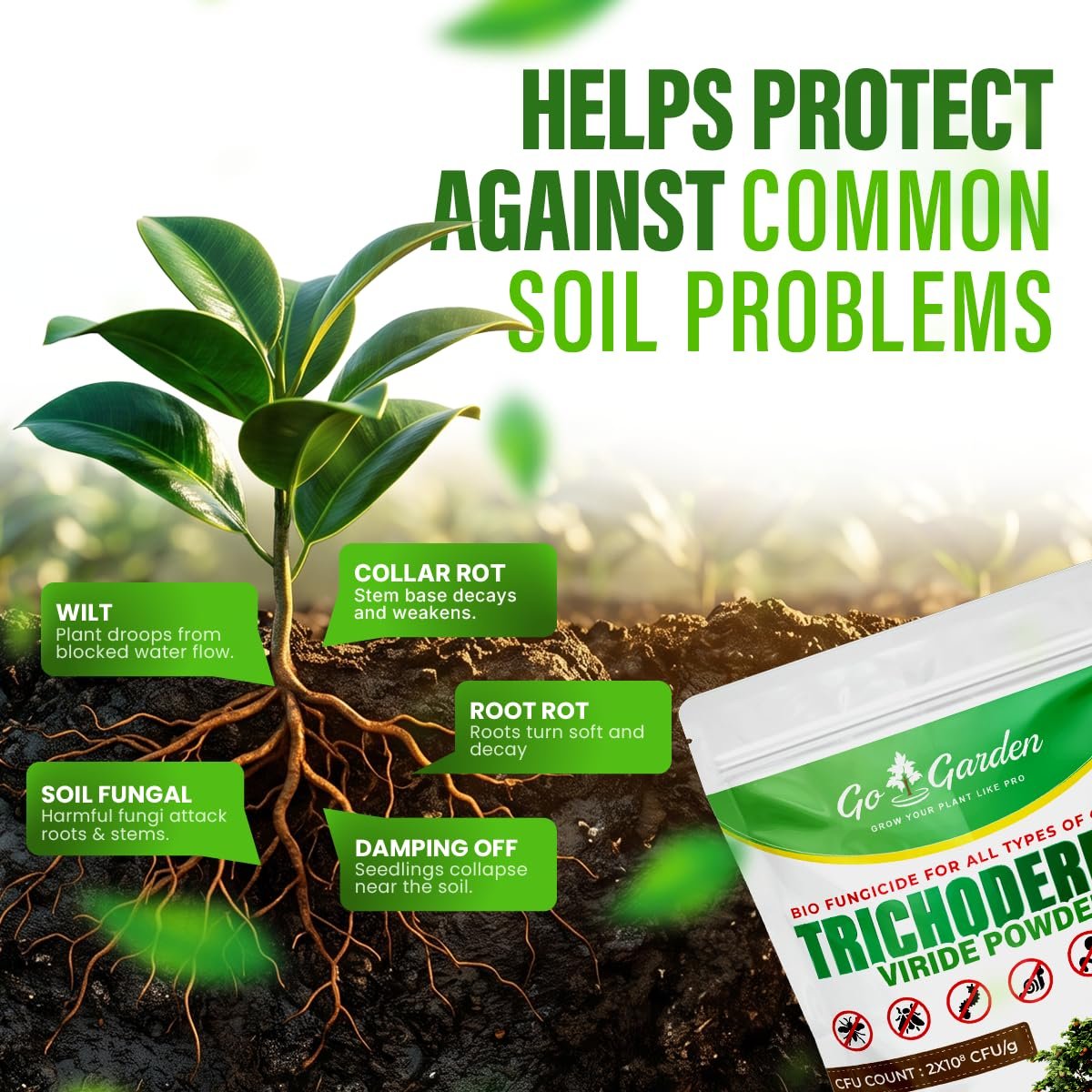 Go Garden Tricoderma Bio Fungicide for Plants 900 g | High CFU Formula (2 x 10⁸ CFU/g) | Controls Root Rot, Wilt & Soil Fungus | Boosts Soil Microbes & Plant Immunity | Organic Plant Protector - Image 4