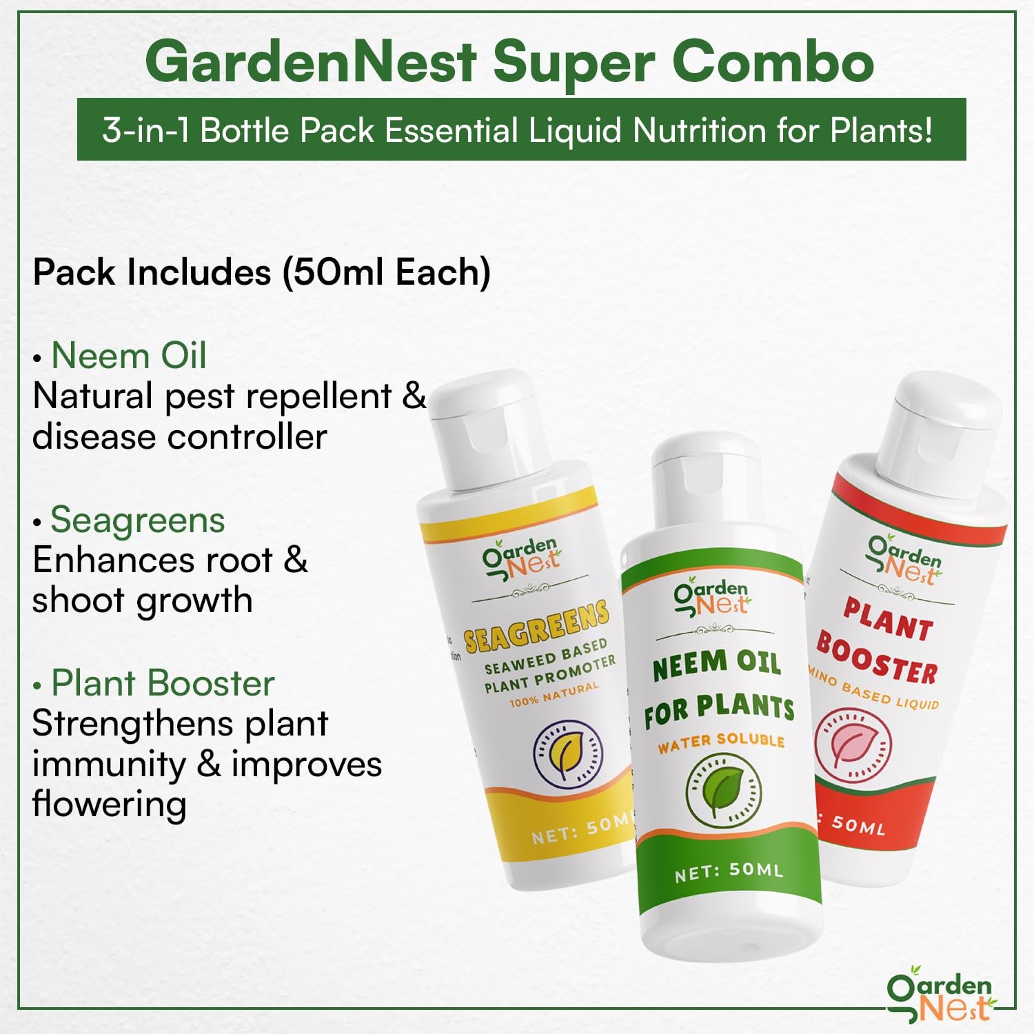 GARDENNEST 3-in-1 Organic Plant Care Combo | Plant Booster, Seagreen & Neem Oil (50ml Each) | Growth Enhancer, Soil Enricher & Natural Pest Repellent | 100% Eco-Friendly & Safe for All Plants - Image 2