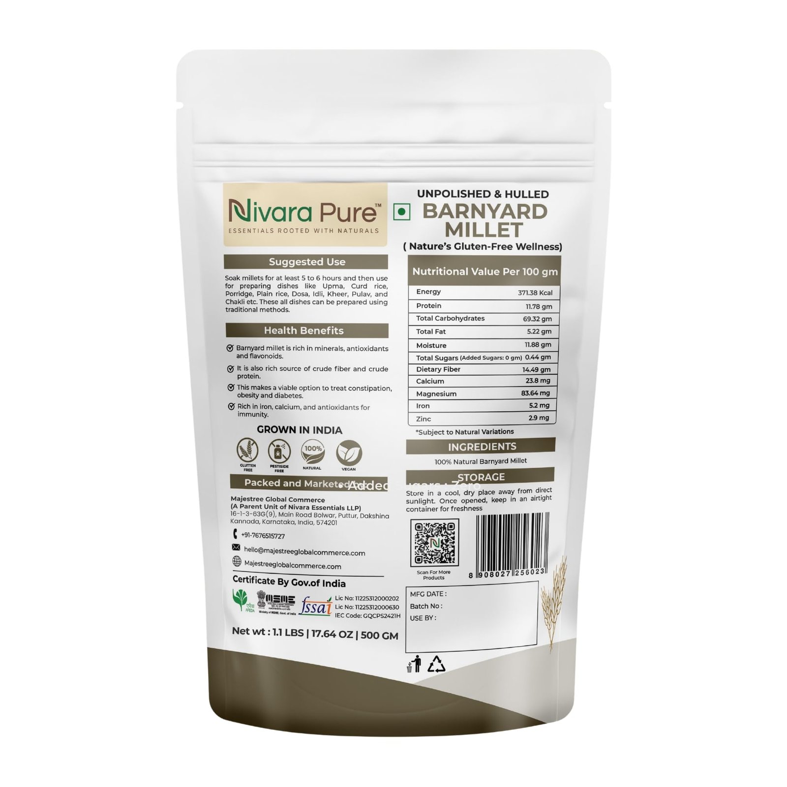NIVARA PURE Barnyard Millet 500g | Unpolished Whole Grain | Naturally Gluten Free | High Fiber | No Added Sugar | Vegan Food - Image 3