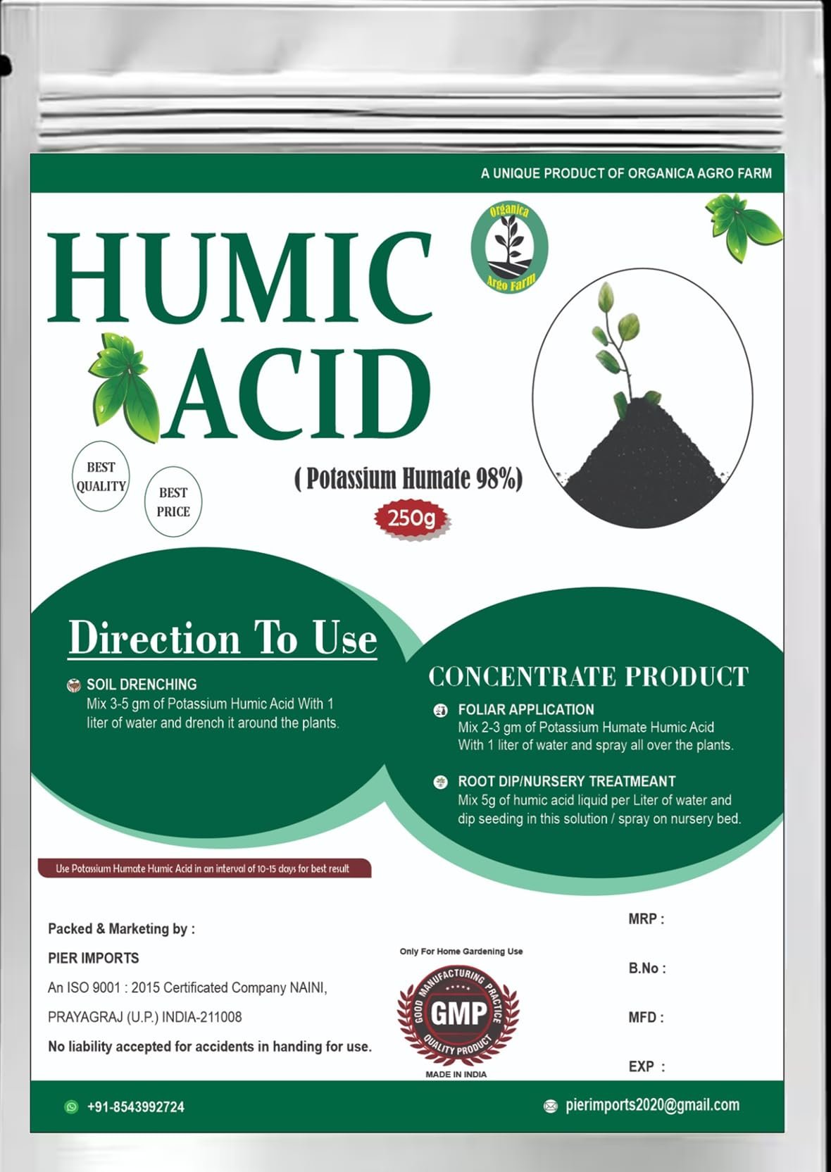 Organica Agro farm Humic Powder (Potassium Humate 98%) for Plants – Soil Conditioner for Garden & Agriculture (250gm)