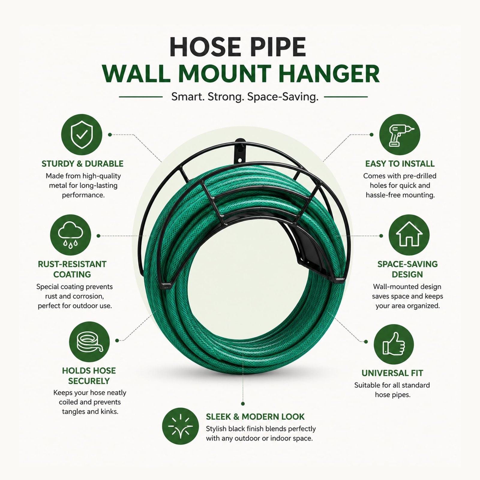 Urban Plant Wall Mount Garden Hose Hanger | Heavy-Duty Watering Hose Reel Holder for Garden, Outdoor, and Garage | Durable Metal Storage Hook for Hose Organization (Black) - Image 6