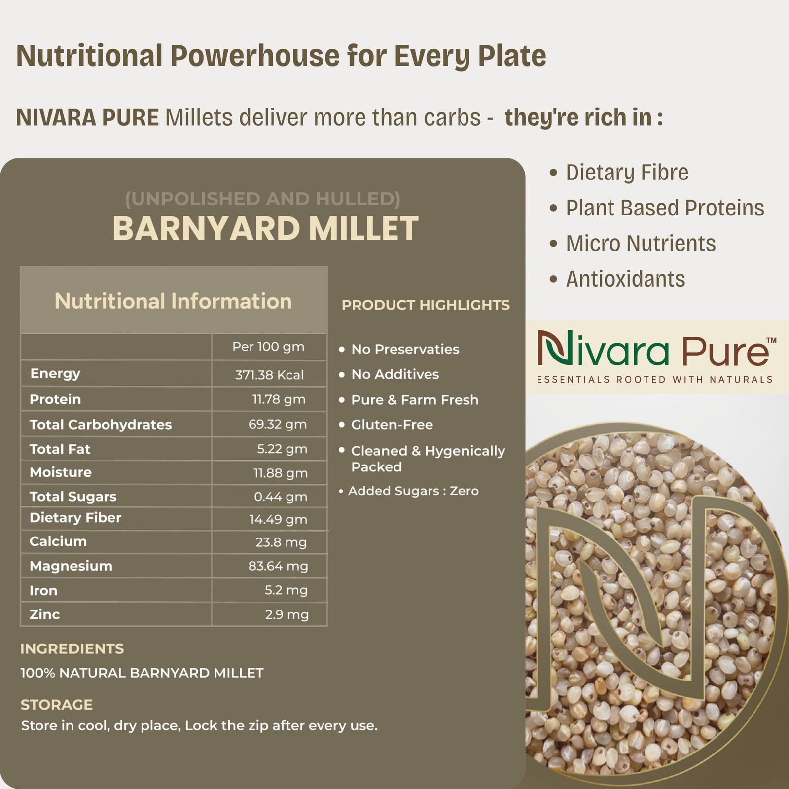 NIVARA PURE Barnyard Millet 500g | Unpolished Whole Grain | Naturally Gluten Free | High Fiber | No Added Sugar | Vegan Food - Image 2