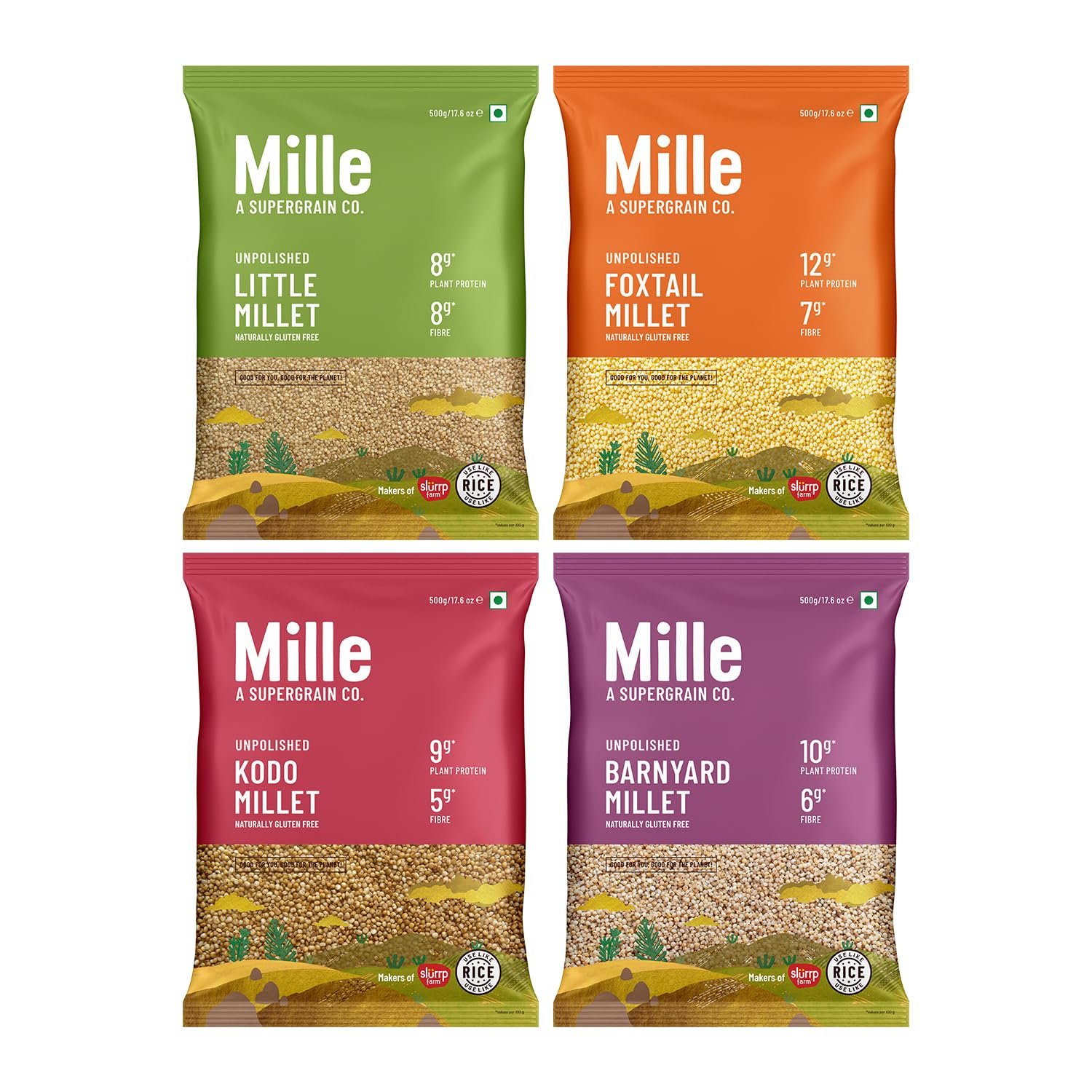Mille Grains Combo | Foxtail, Little, Kodo and Barnyard Millet | Unpolished, Toasted, No Soaking Required | Ideal for Fasting | Rice Replacement | High Fibre and Plant Protein | Gluten Free | Cooks in 10 minutes, 500 g X 4