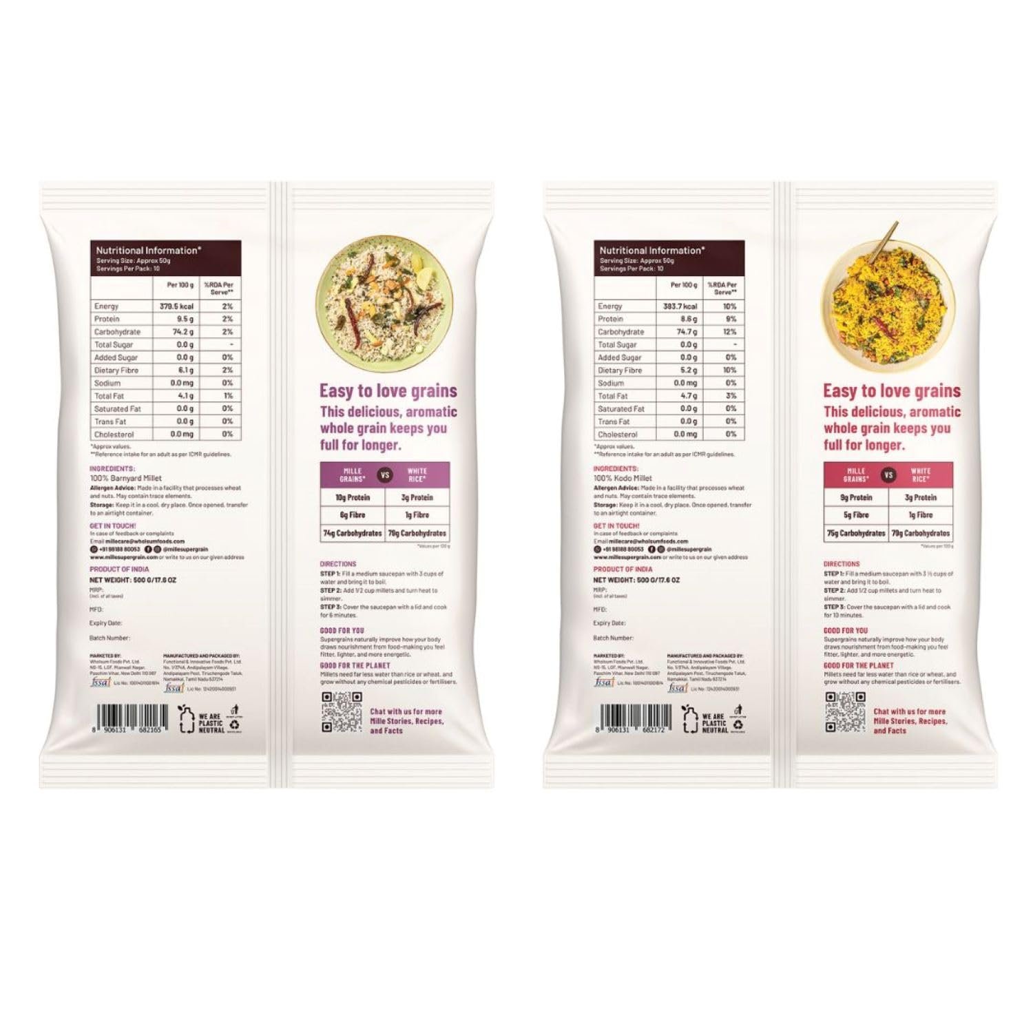 Mille Grains Combo | Foxtail, Little, Kodo and Barnyard Millet | Unpolished, Toasted, No Soaking Required | Ideal for Fasting | Rice Replacement | High Fibre and Plant Protein | Gluten Free | Cooks in 10 minutes, 500 g X 4 - Image 4