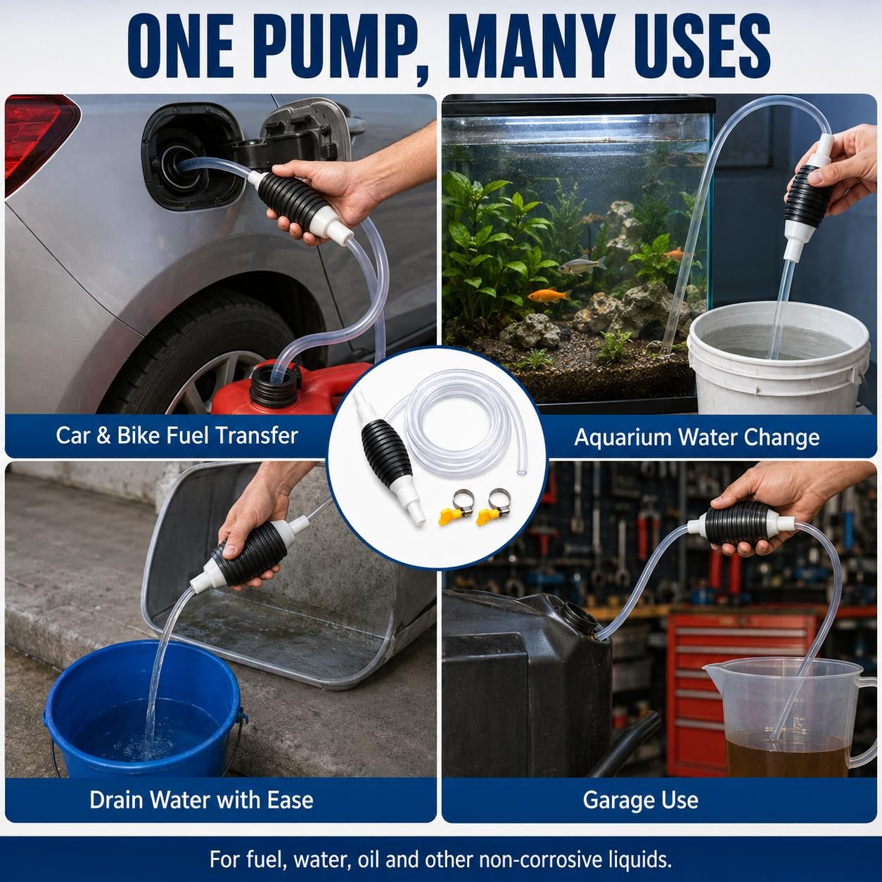 Fuel Transfer Pump Kit, High Flow Siphon Hand Oil Pump Portable Manual Car Fuel Transfer Pump for Petrol Diesel Oil Liquid Water Fish Tank Pump Portable High Flow Fuel Transfer Pump Kit with 2M Hose - Image 4