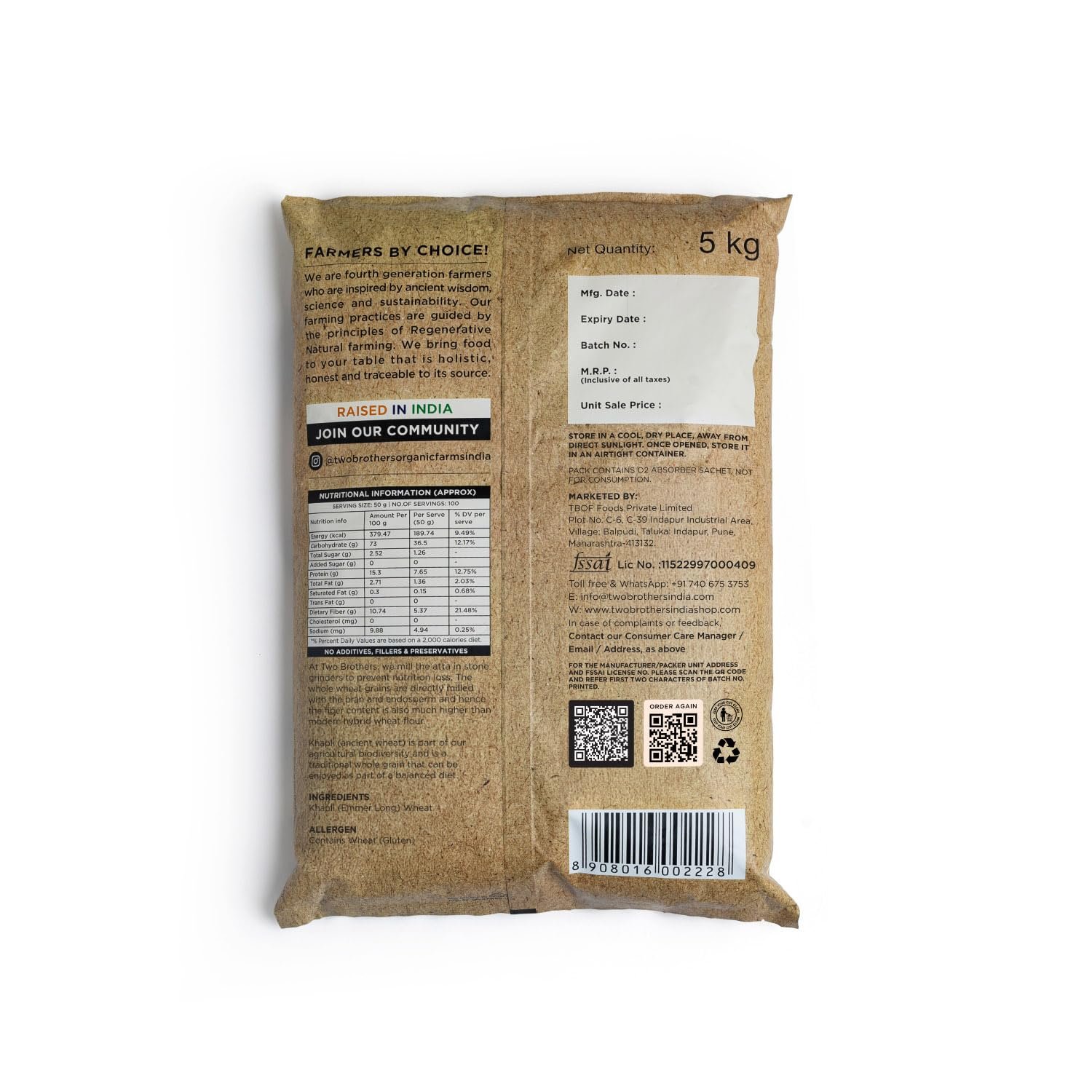 Two Brothers Khapli Wheat Flour (5kg) | Low-Gluten Wheat Flour | High Dietary Fiber for Easy Digestion | Stoneground Emmer | Khapli Atta | India's Only Certified Glyphosate Free Atta - Image 2