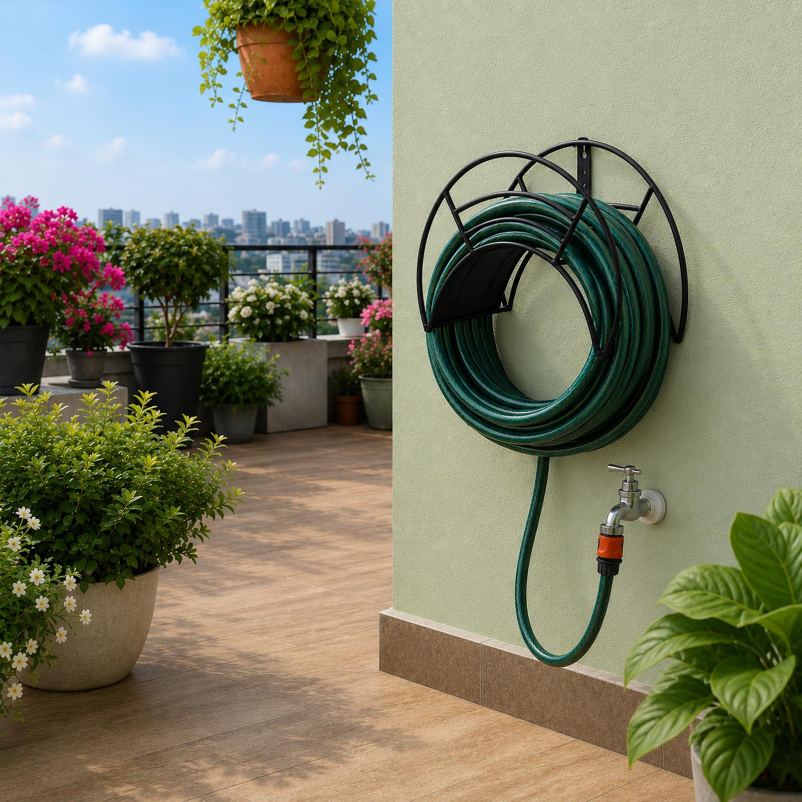 Urban Plant Wall Mount Garden Hose Hanger | Heavy-Duty Watering Hose Reel Holder for Garden, Outdoor, and Garage | Durable Metal Storage Hook for Hose Organization (Black) - Image 7