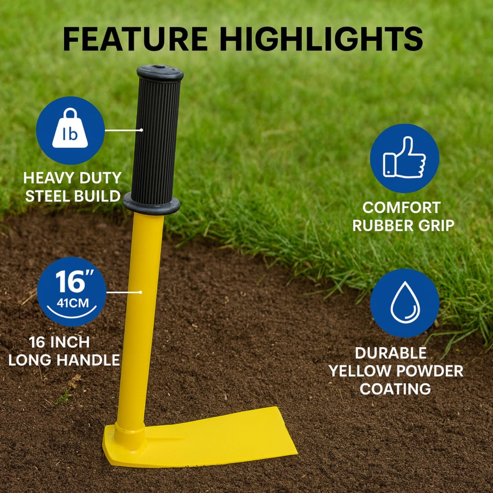 ecofynd Heavy Duty Garden Hand Hoe with 16 inches Handle, Gardening Tool for Easy Soil Cultivation & Weeding, Comfort Grip Handle Phawda, Agriculture Equipment for Home Farm Lands (GT020, Yellow) - Image 4