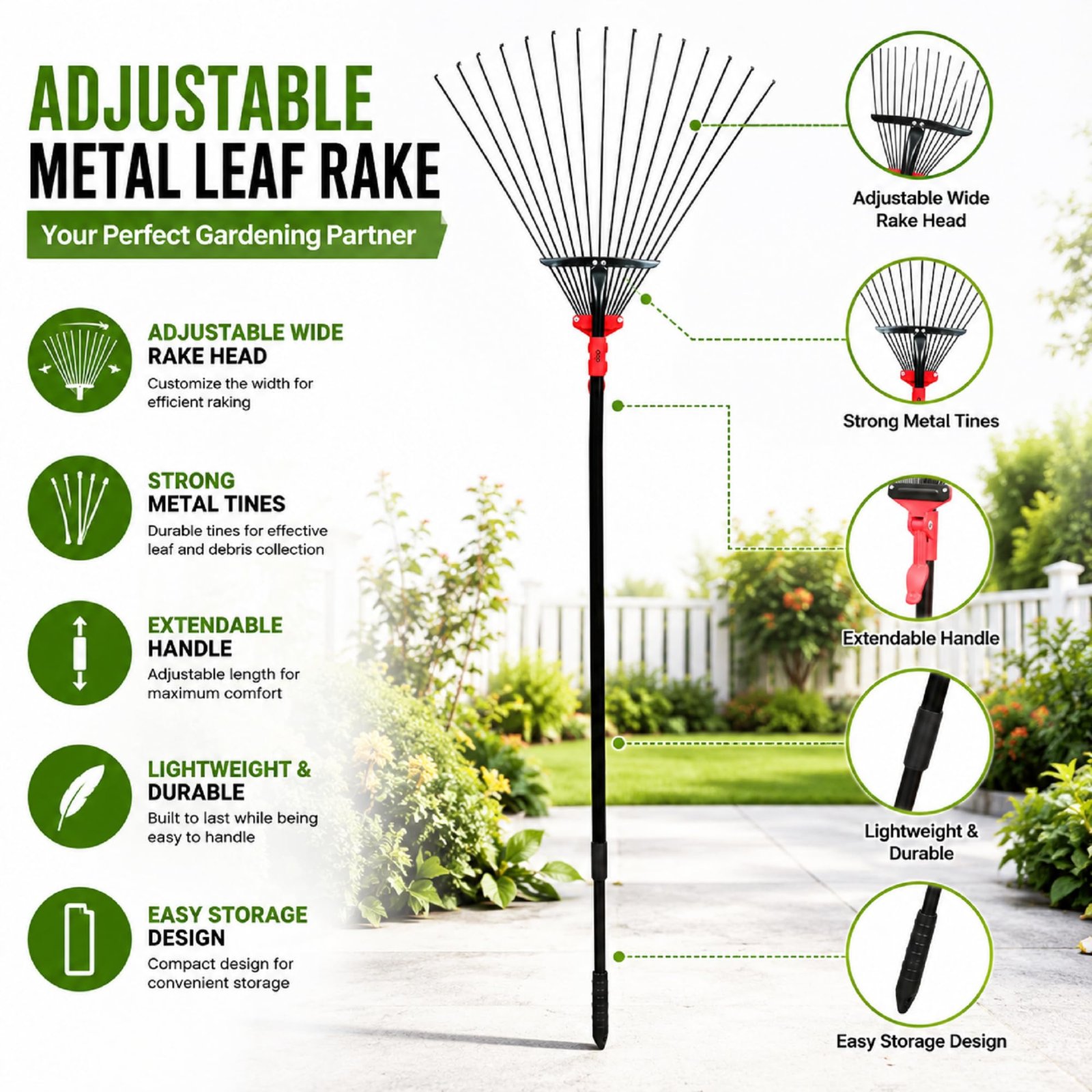 DAP Telescopic Metal Rake, 31 to 64 Inch Adjustable Expanding Handle Rake for Quick Clean Up of Lawn and Yard, Garden Leaf Rake and Roof | Garden Broom with Long Handle for Leaves - Image 2