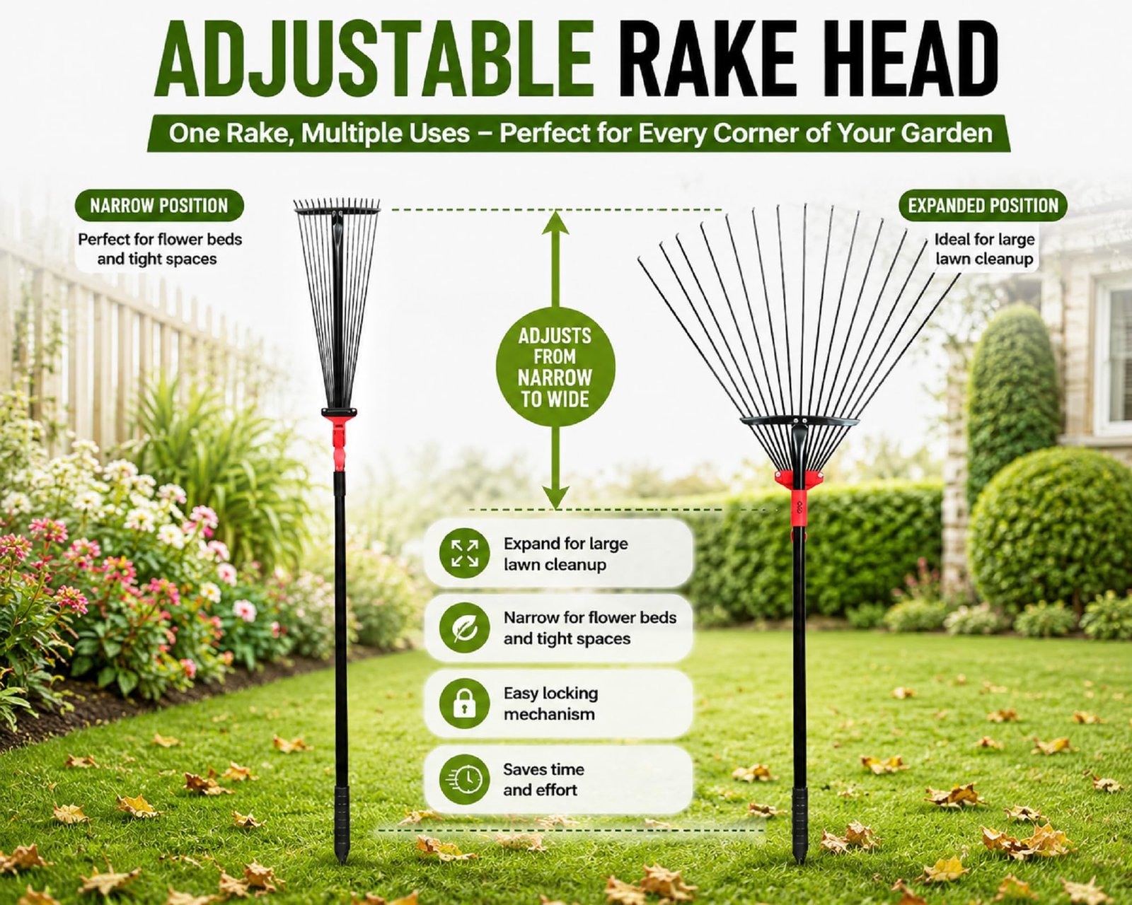 DAP Telescopic Metal Rake, 31 to 64 Inch Adjustable Expanding Handle Rake for Quick Clean Up of Lawn and Yard, Garden Leaf Rake and Roof | Garden Broom with Long Handle for Leaves - Image 3