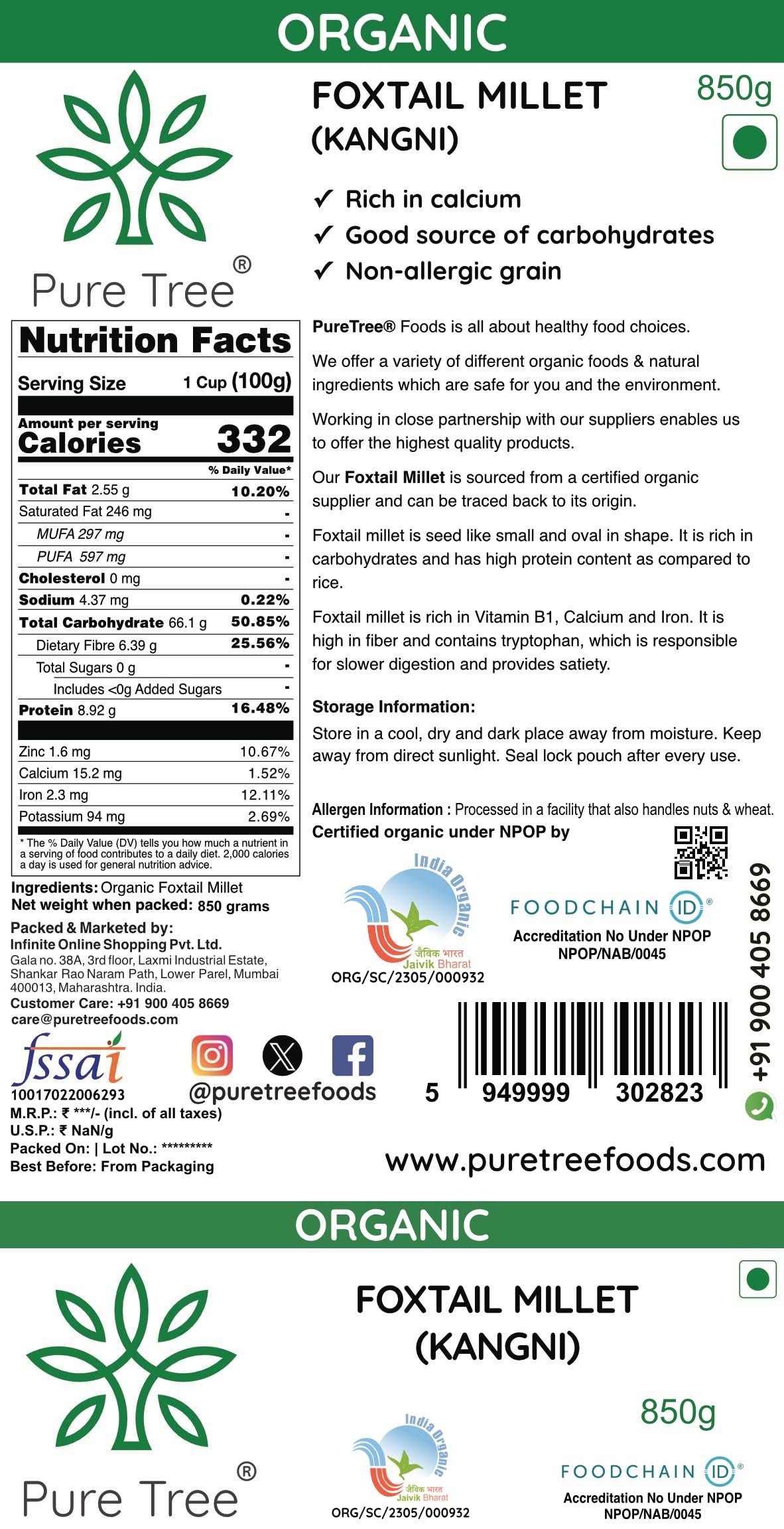 Pure Tree Certified Organic Foxtail Millet | 850 g | Kangni/Kakum/Korralu | Gluten-Free Unpolished MIllet Rich In Calcium High In Protein Korralu MIllet For Upma, Dosa, Rice - Image 9