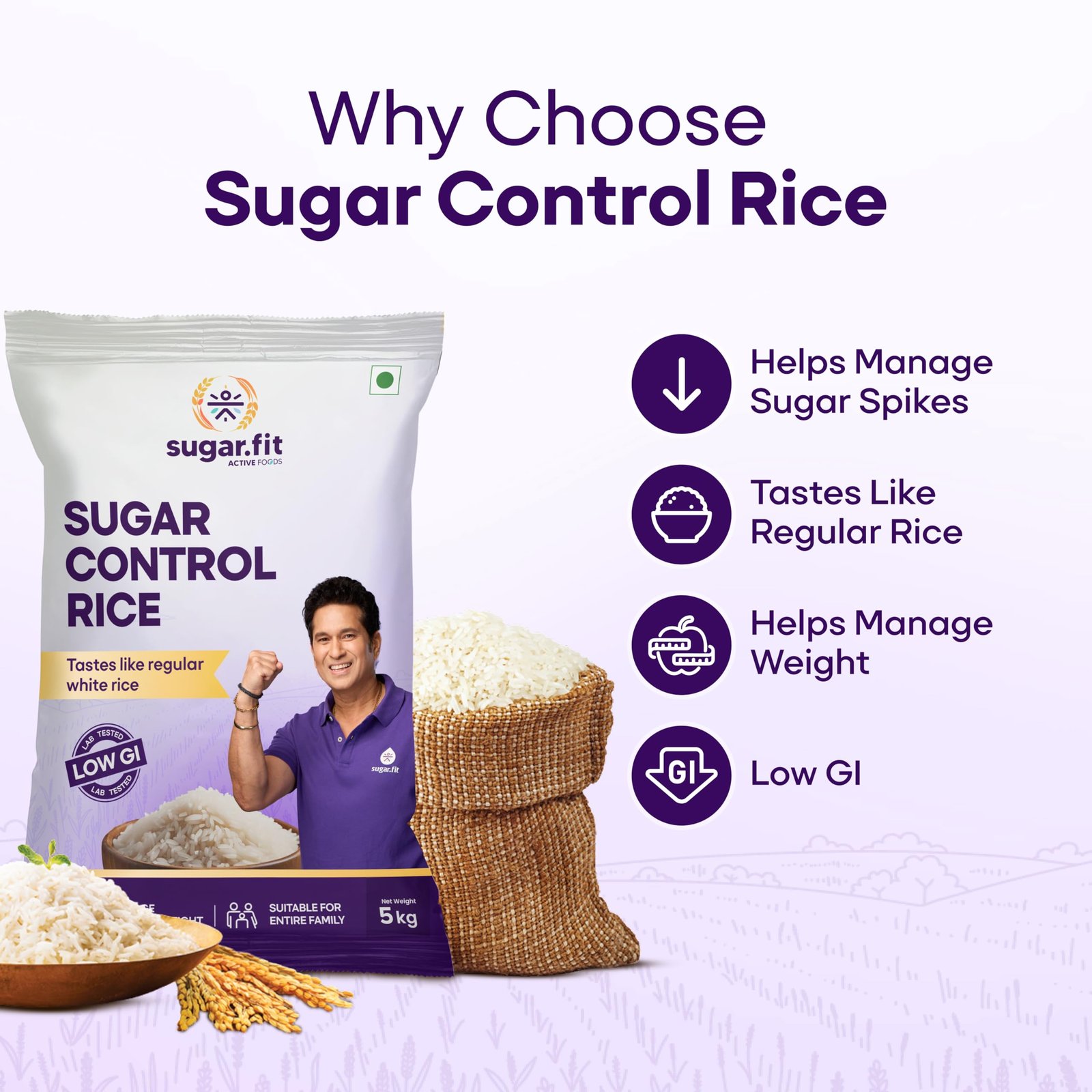 Sugar.fit Sugar Control Rice – Sona Masoori, lab-tested low glycemic, whole grain 100% natural, pesticide-free, diabetes- friendly, supports healthy weight & blood sugar – 5 Kg (Pack of 1) - Image 3
